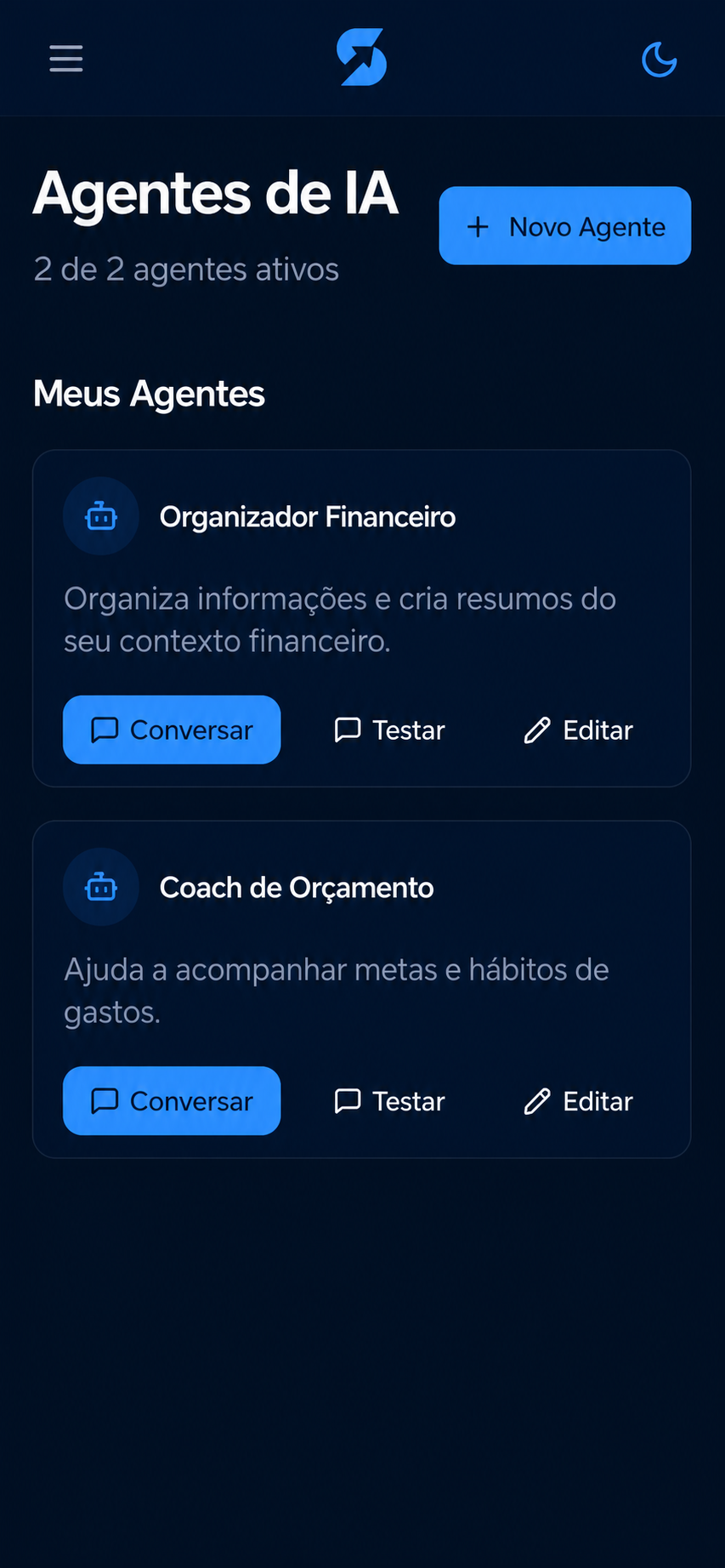 Tela de agentes de IA personalizados no SimplyFinance, com dois agentes ativos