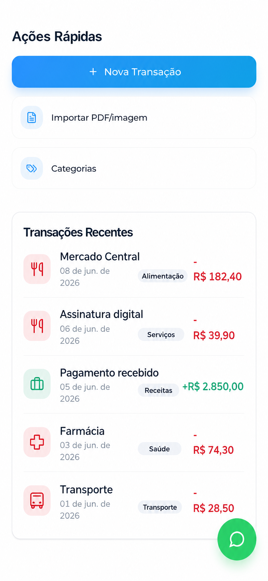 Ações rápidas e transações recentes no SimplyFinance, incluindo importação de PDF ou imagem