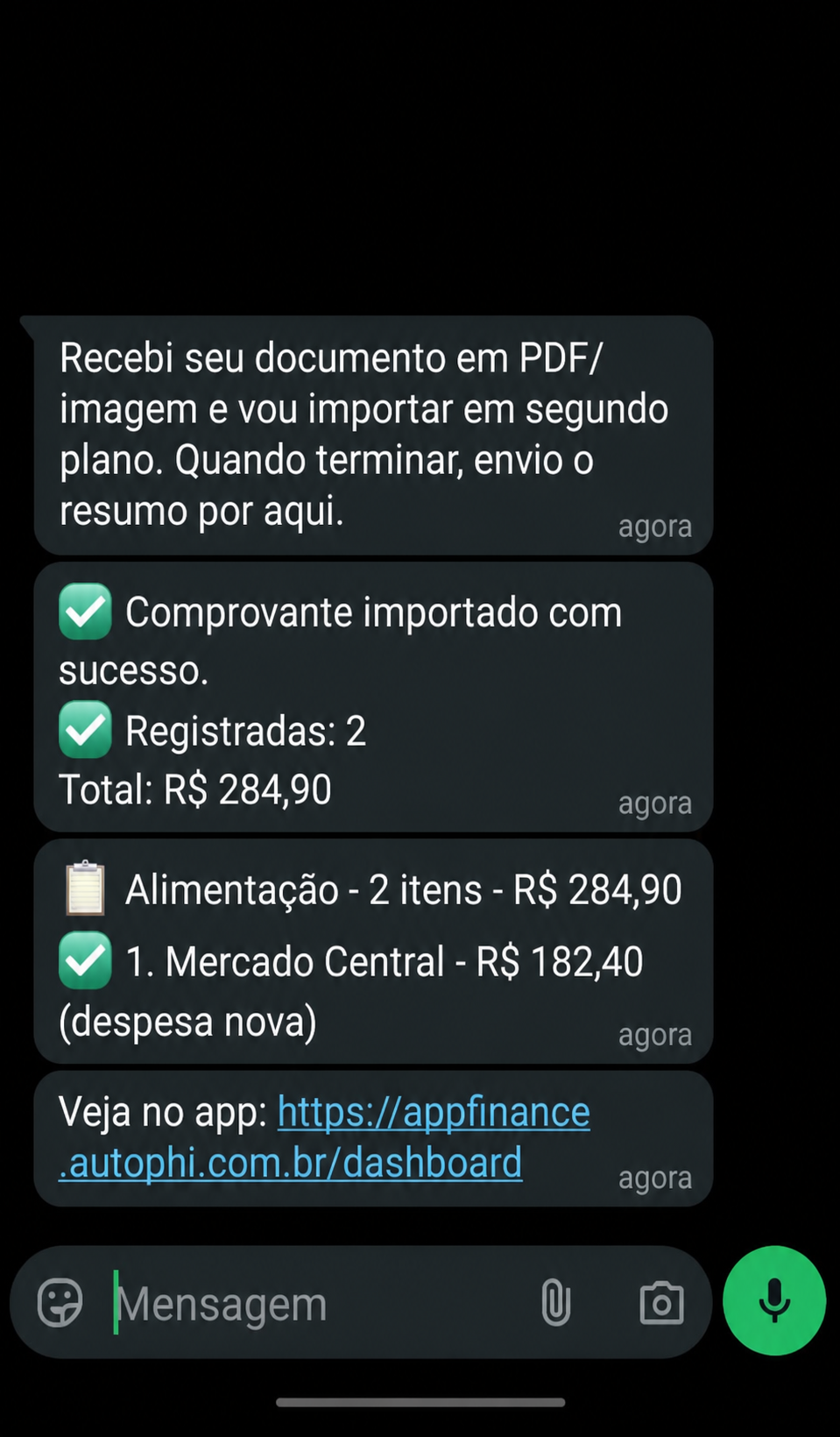 Mensagens no WhatsApp confirmando a importação de um documento e o acesso ao painel